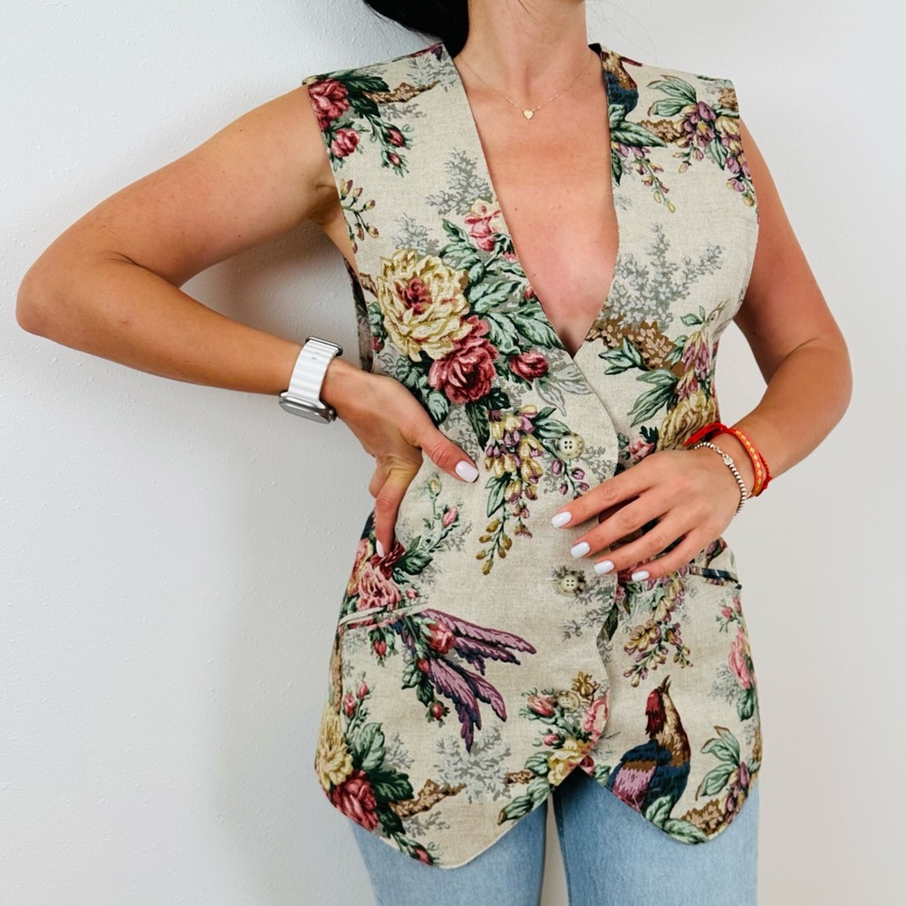 F. L. Malik Vintage 90s floral tapestry vest linen blend boho - Picture 5 of 11